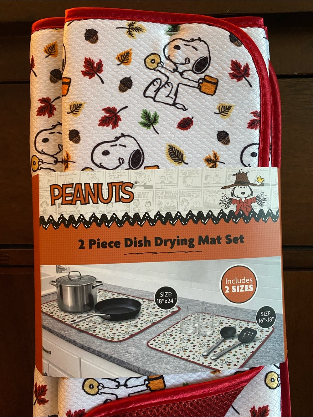 Peanuts Snoopy White Dish Drying Mats with Red Trim, Autumn Leaf Print